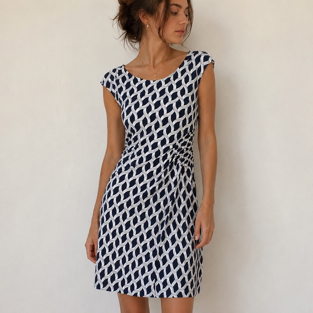 Connected Apparel Navy White Sheath Dress Geometric Ruched 12 Mod Professional